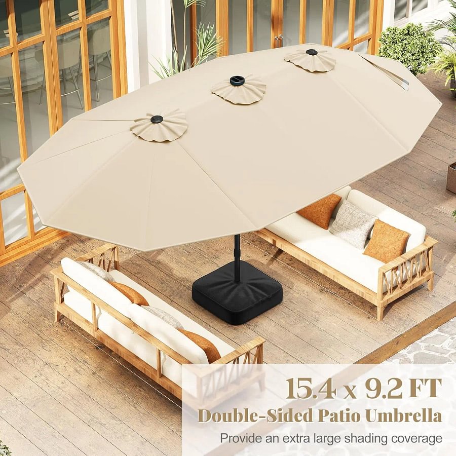 Sombrilla solar de 4,5/4 m con base, sombrilla doble extragrande para exteriores con 36 luces LED y manivela, perfecta para jardines, patios, piscinas y cobertizos exteriores.