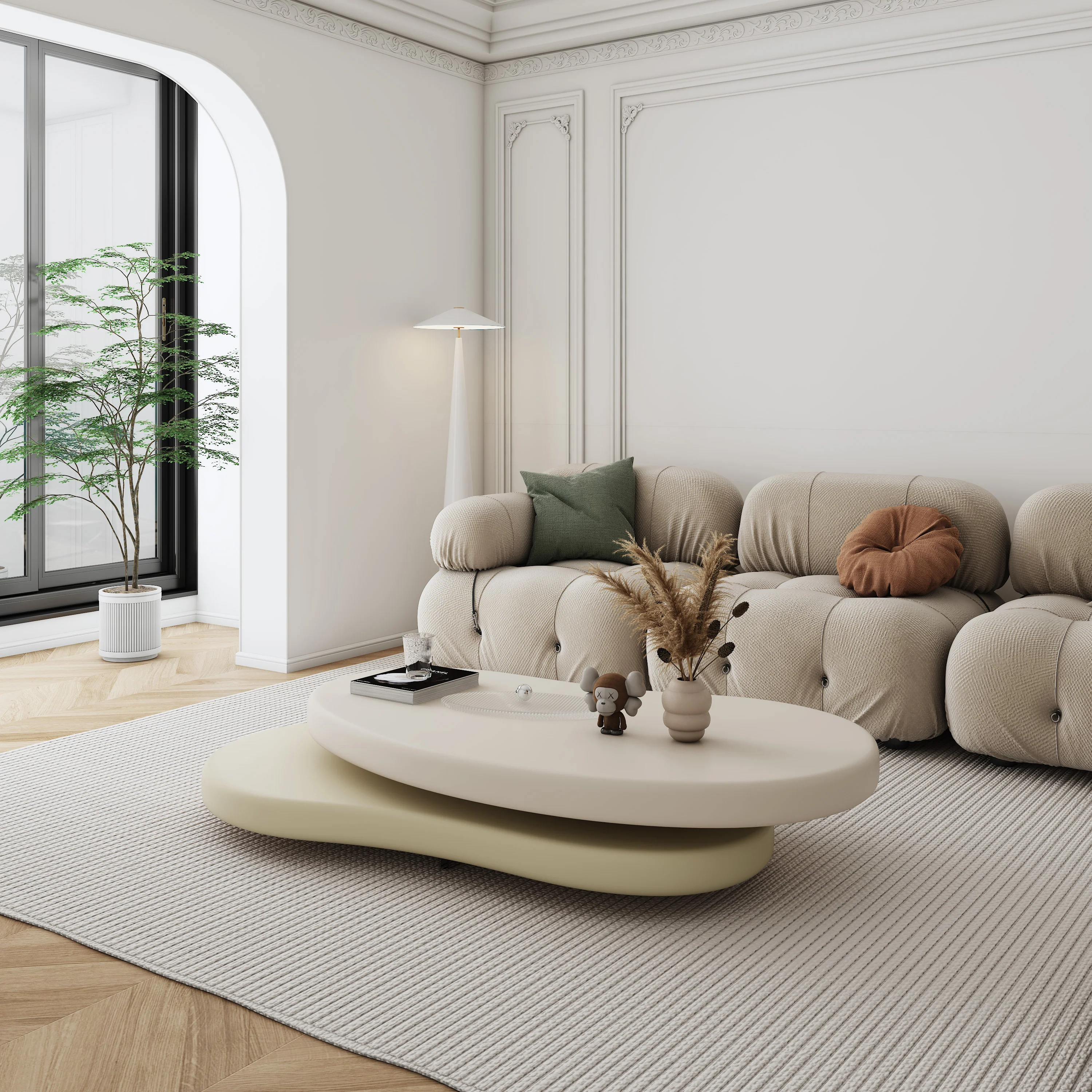 NÓVORA CASA Minimalista giratorio Mesa de centro con único Ovalado diseño- apagado Blanco & Beige elegancia