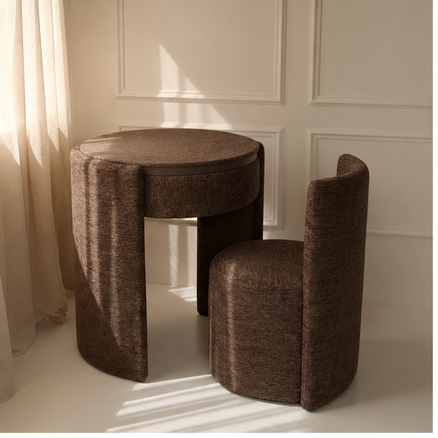 LunaNest™ | Tocador compacto tapizado con espejo y silla