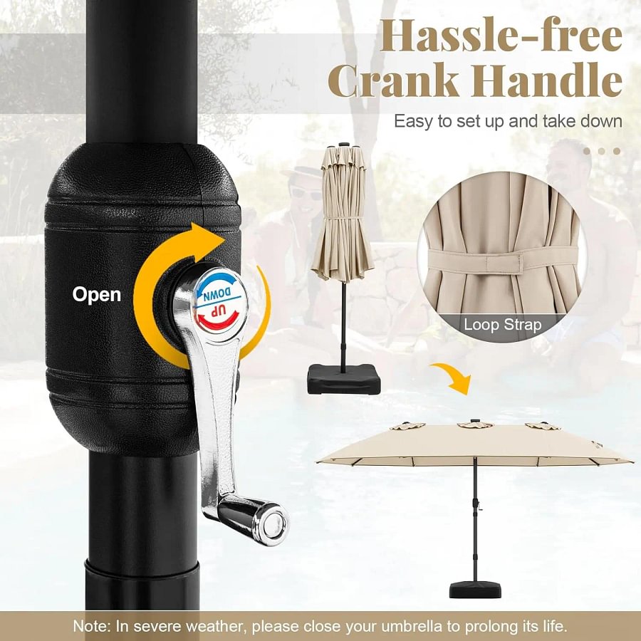 Sombrilla solar de 4,5/4 m con base, sombrilla doble extragrande para exteriores con 36 luces LED y manivela, perfecta para jardines, patios, piscinas y cobertizos exteriores.