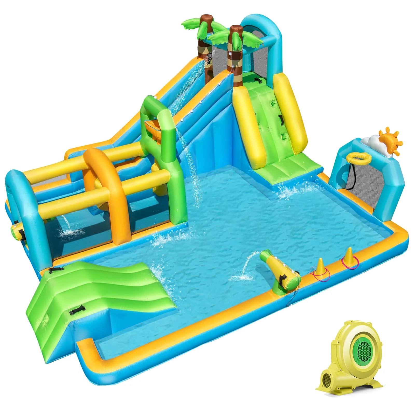 BOUNTECH Inflatable Water Slide Park 9-in-1 Water Slide with Basketball Rim