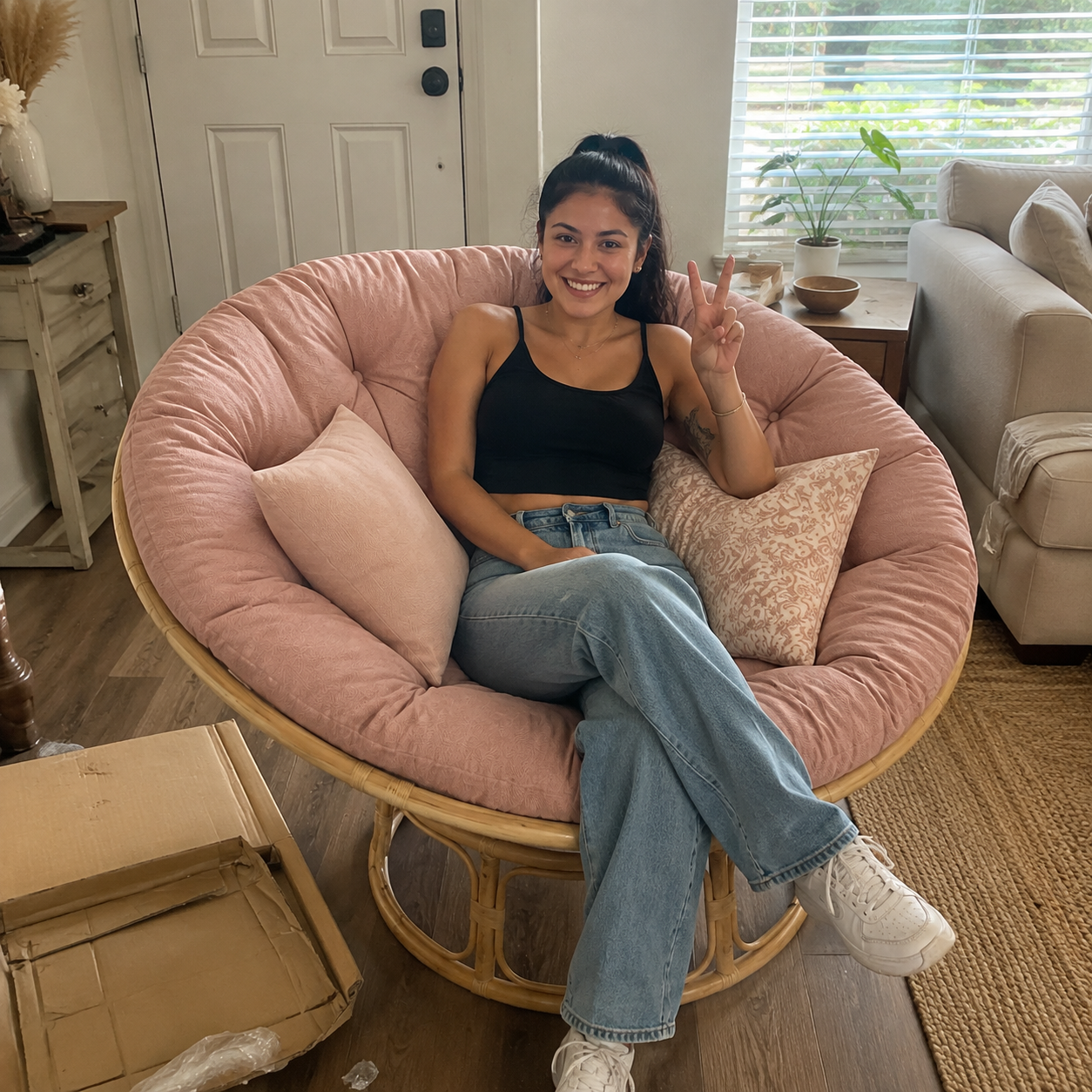 RattanNest™ | Sillón Papasan de ratán con cojines