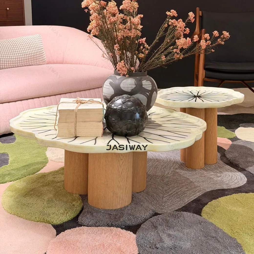 RINGCHEN escultórico lirio acolchado mármol Juego de mesas de centro| De lujo asimétrico loto hoja anidables café mesas con natural piedra cubiertas & Madera maciza pedestal soporte para de diseñador sala habitaciones