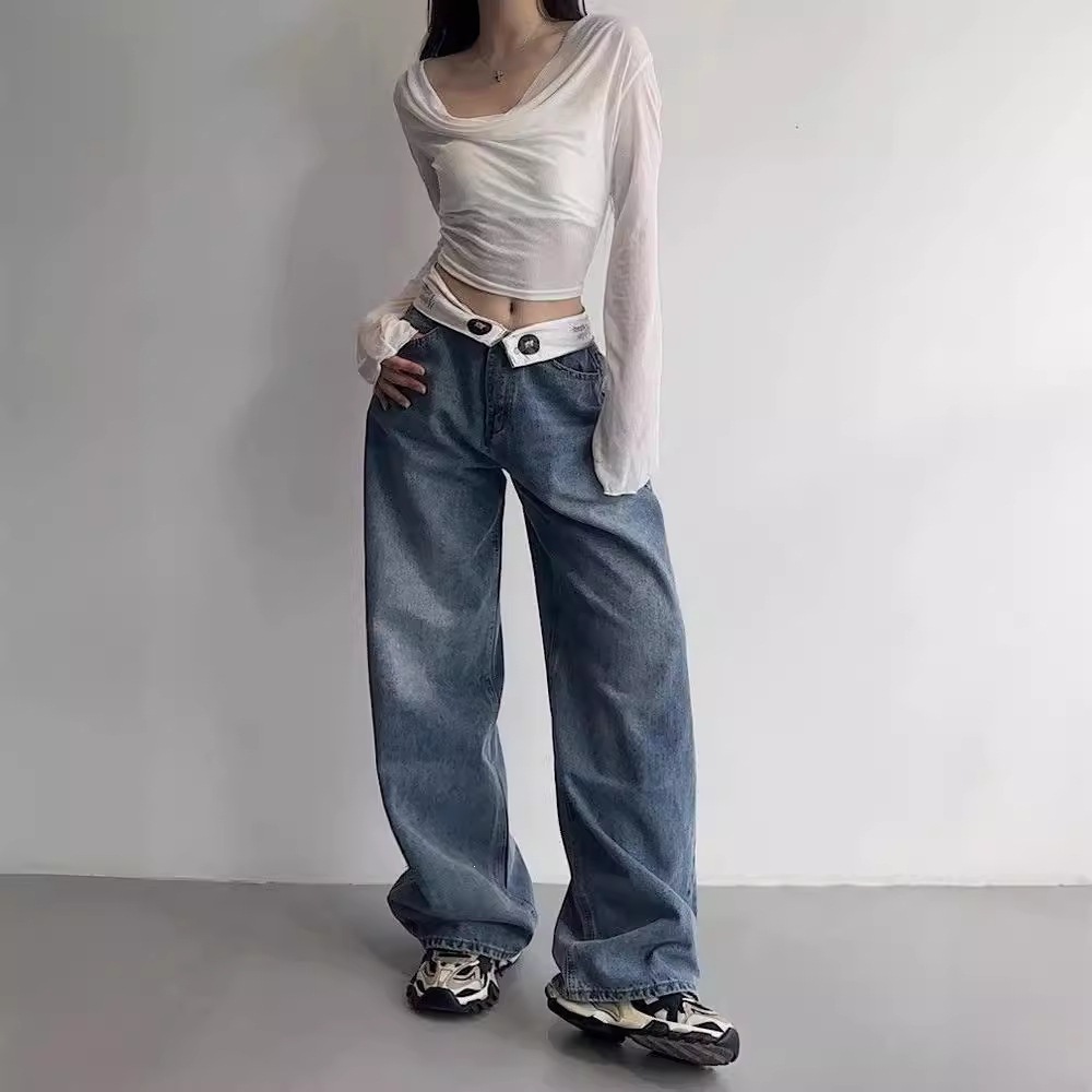 Y2K American Retro Jeans Women's Wide-Leg Pants with Rolled-Up Waistband Design, Perfect for Summer, Loose and Stylish Long Pants