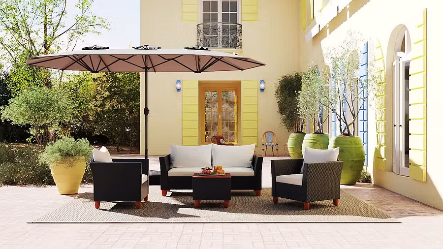 Sombrilla solar de 4,5/4 m con base, sombrilla doble extragrande para exteriores con 36 luces LED y manivela, perfecta para jardines, patios, piscinas y cobertizos exteriores.
