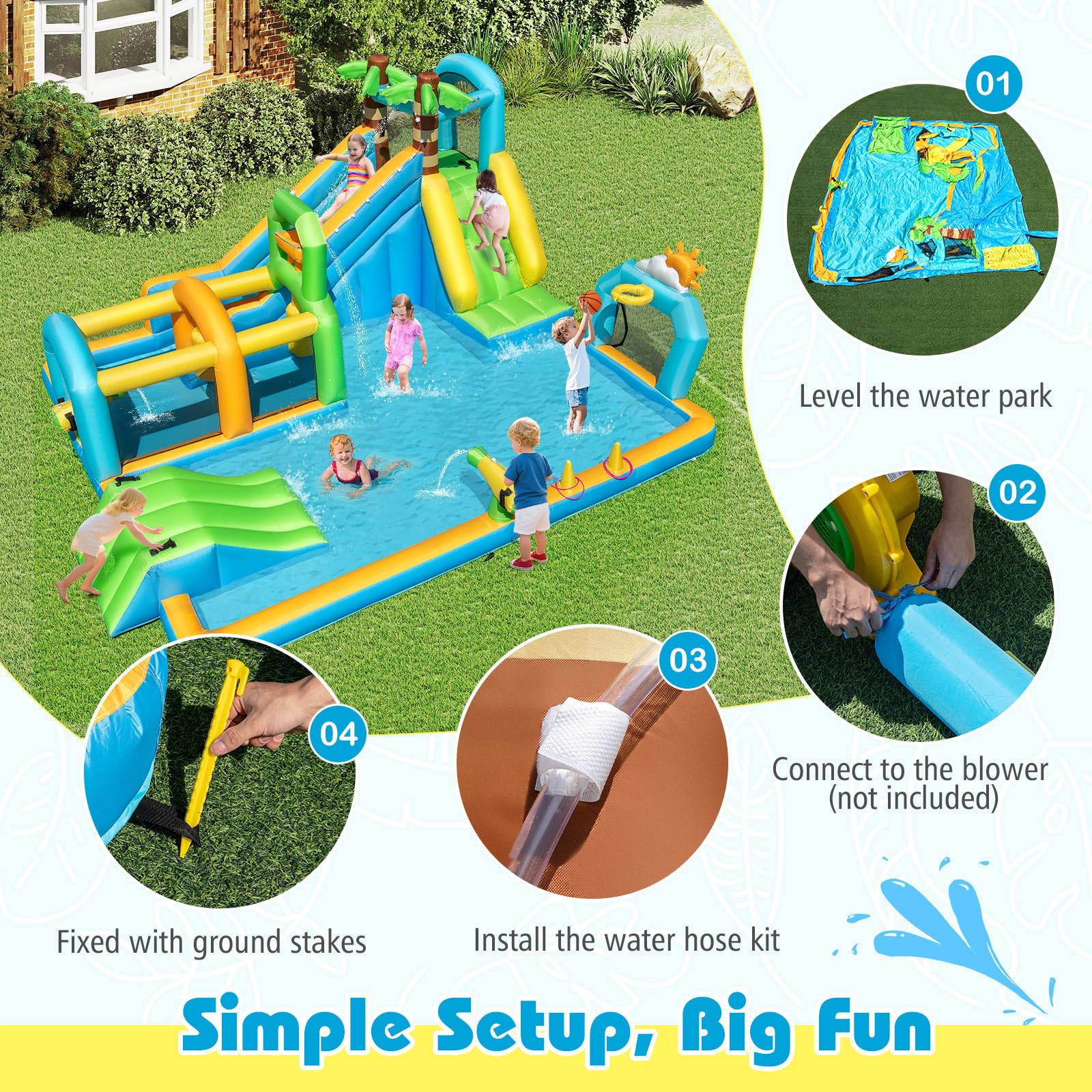 BOUNTECH Inflatable Water Slide Park 9-in-1 Water Slide with Basketball Rim