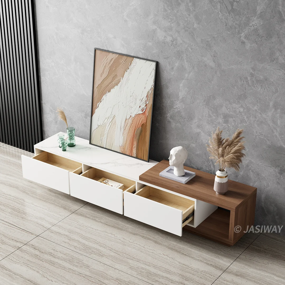 NÓVORA CASA Extensible Mueble para TV con Almacenamiento cajones| Ajustable multimedia consola con Mármol sintético superior para Sala
