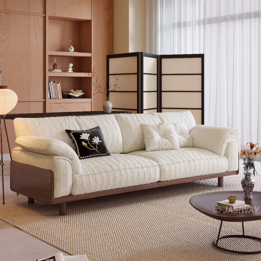 NÓVORA CASA Japandi 3-plazas sofá con Madera maciza estructura| Tapizado tela sofá para Sala
