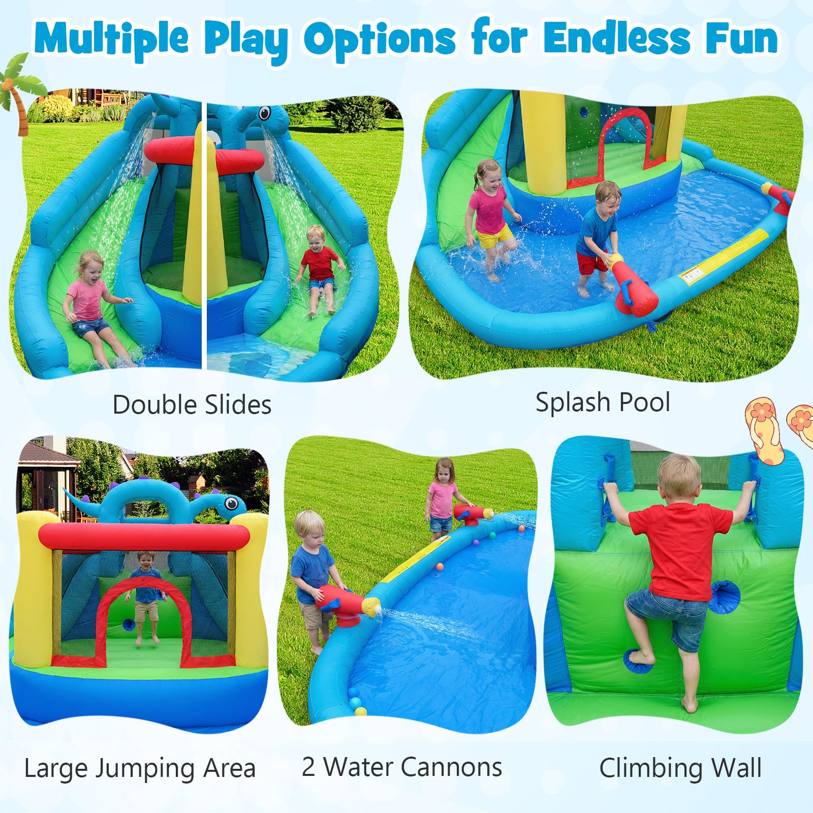 BOUNTECH Dinosaur Styling Inflatable Water Slide Double Slides Park with Bounce House