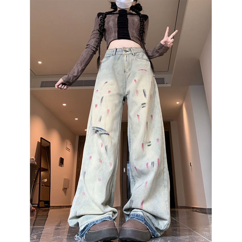 Spring/Summer Retro Splatter Dyed Jeans Women's Korean Style Wide-Leg Pants Women's Jeans Summer