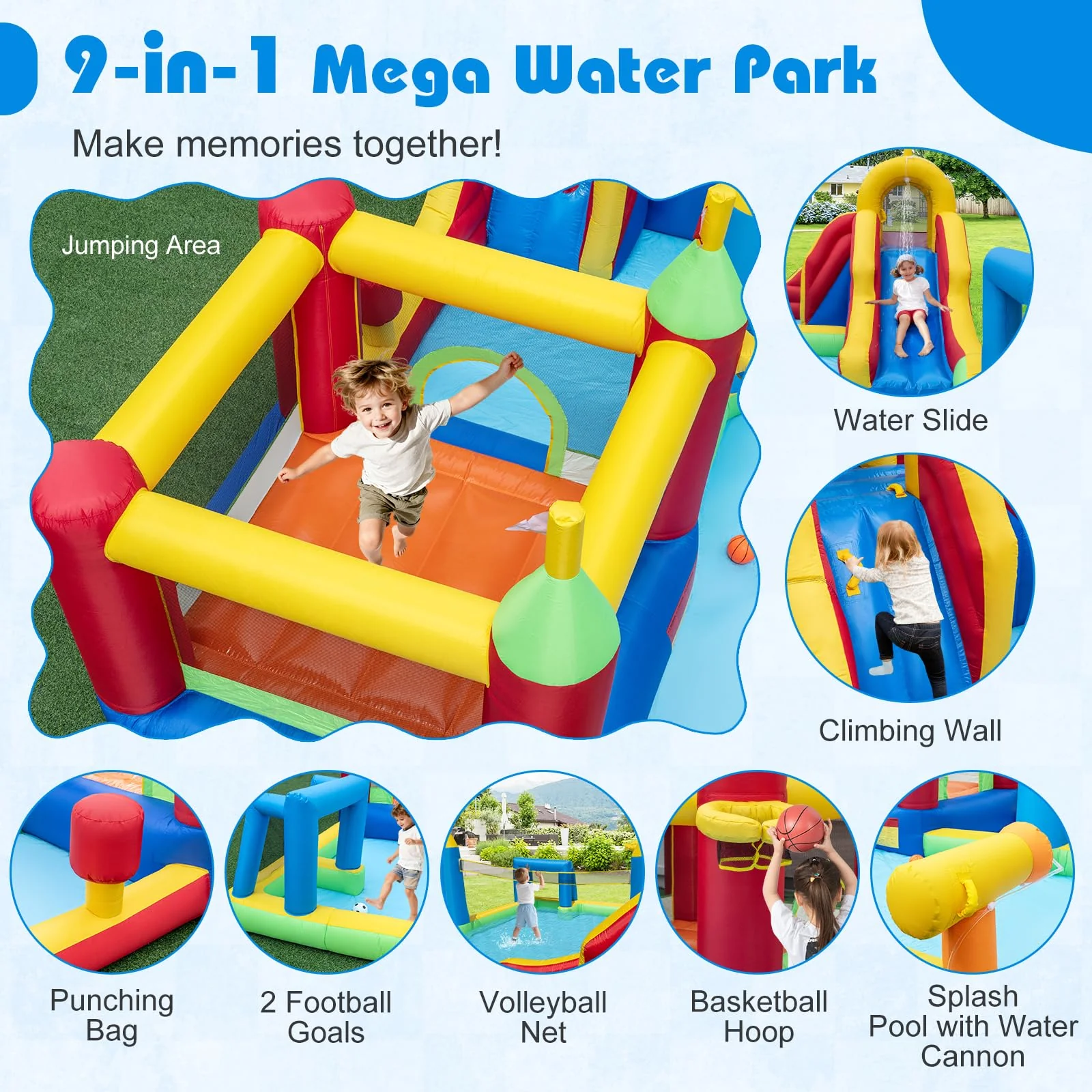 BOUNTECH 9-in-1 Inflatable Water Slide Park Water Jump Castle