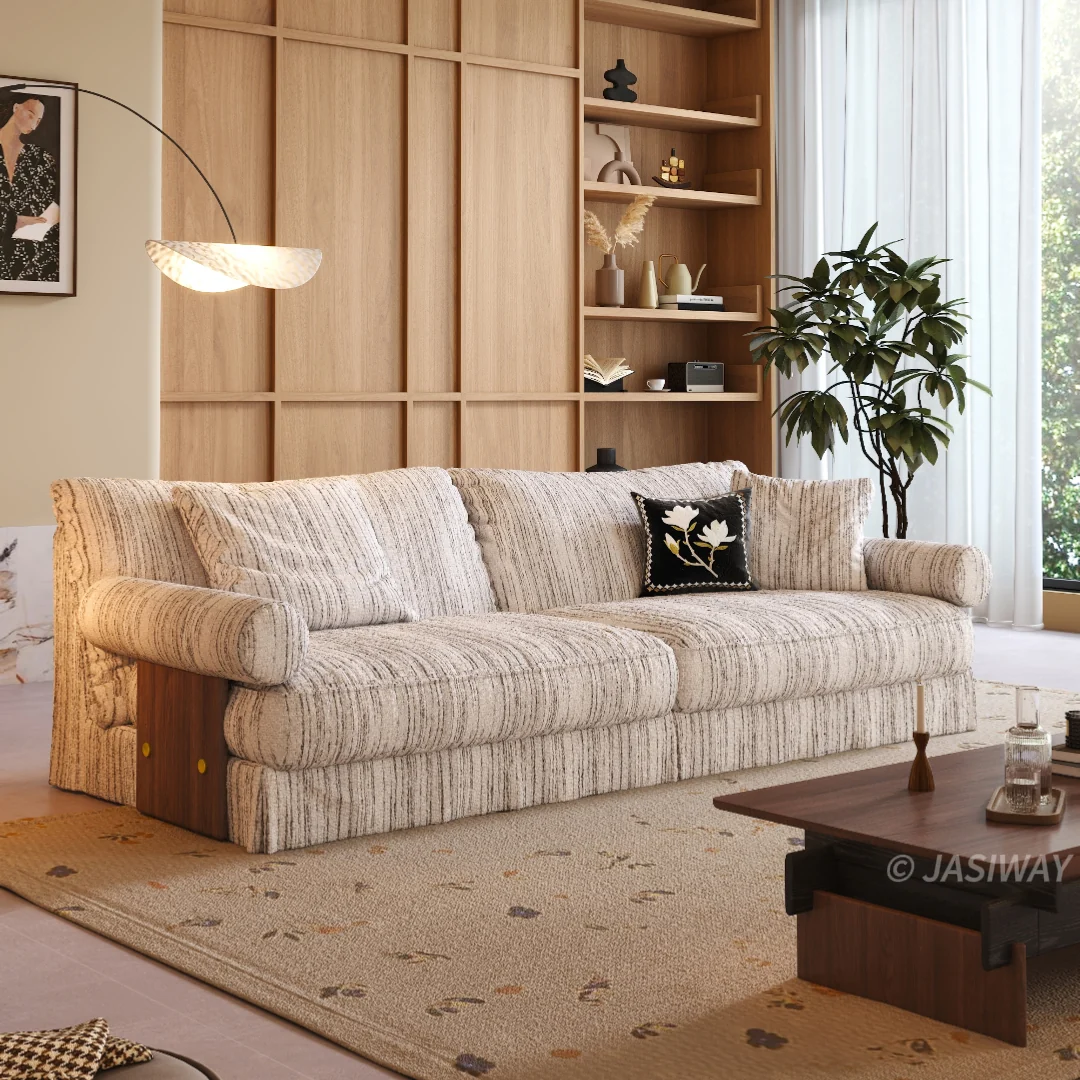 JASIWAY texturizado lino mezcla sofá– Minimalista Crema Blanco Tapizado sofá con Madera maciza detalle| cómodo Sala asiento
