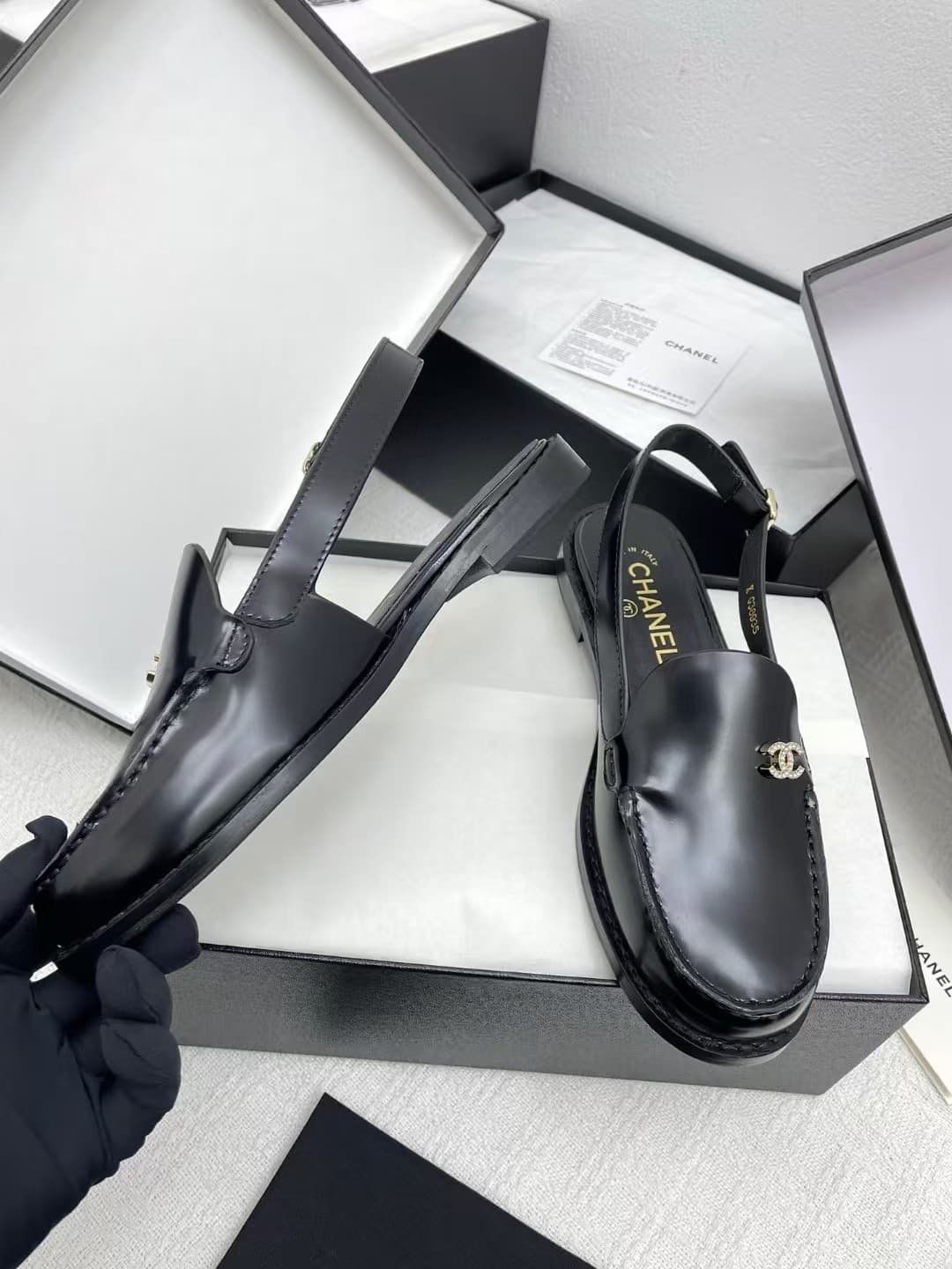 Chanel Diamante Slingback Loafers in Black Leather