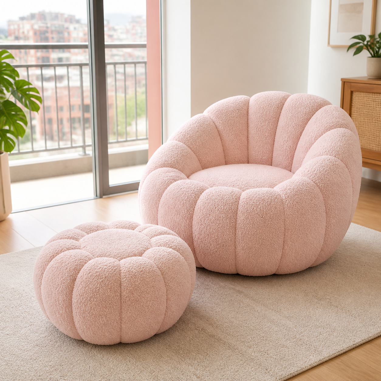 Sillón rosa con puff