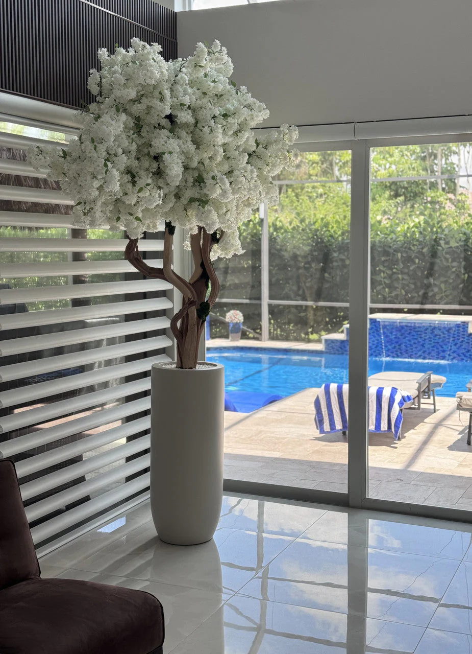 Matte Beige St. Tropez Planter with Custom Made White Cherry Blossom Tree