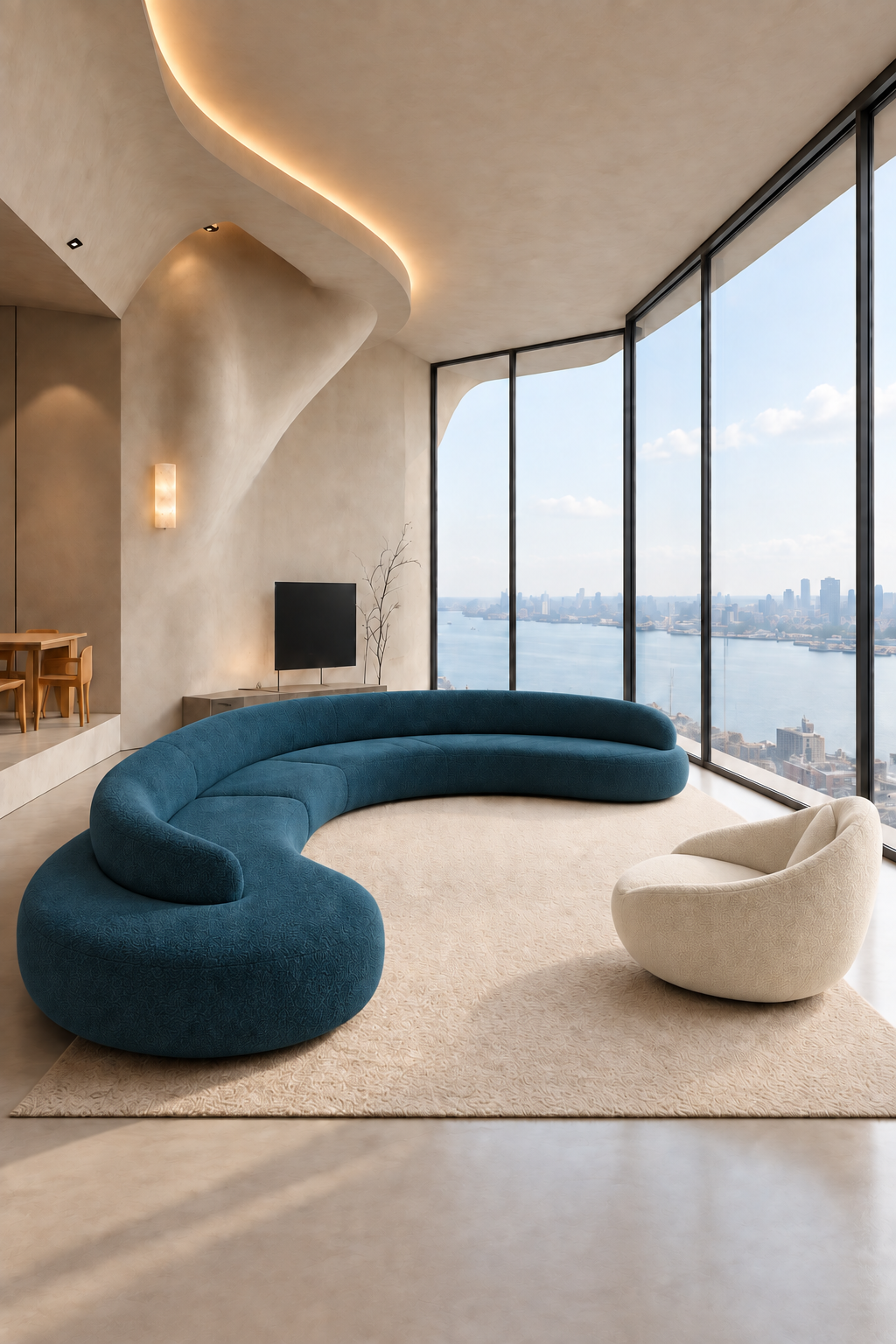 CurvaCasa · 1 sofá curvo + 1 sillón · Azul petróleo · visualización IA