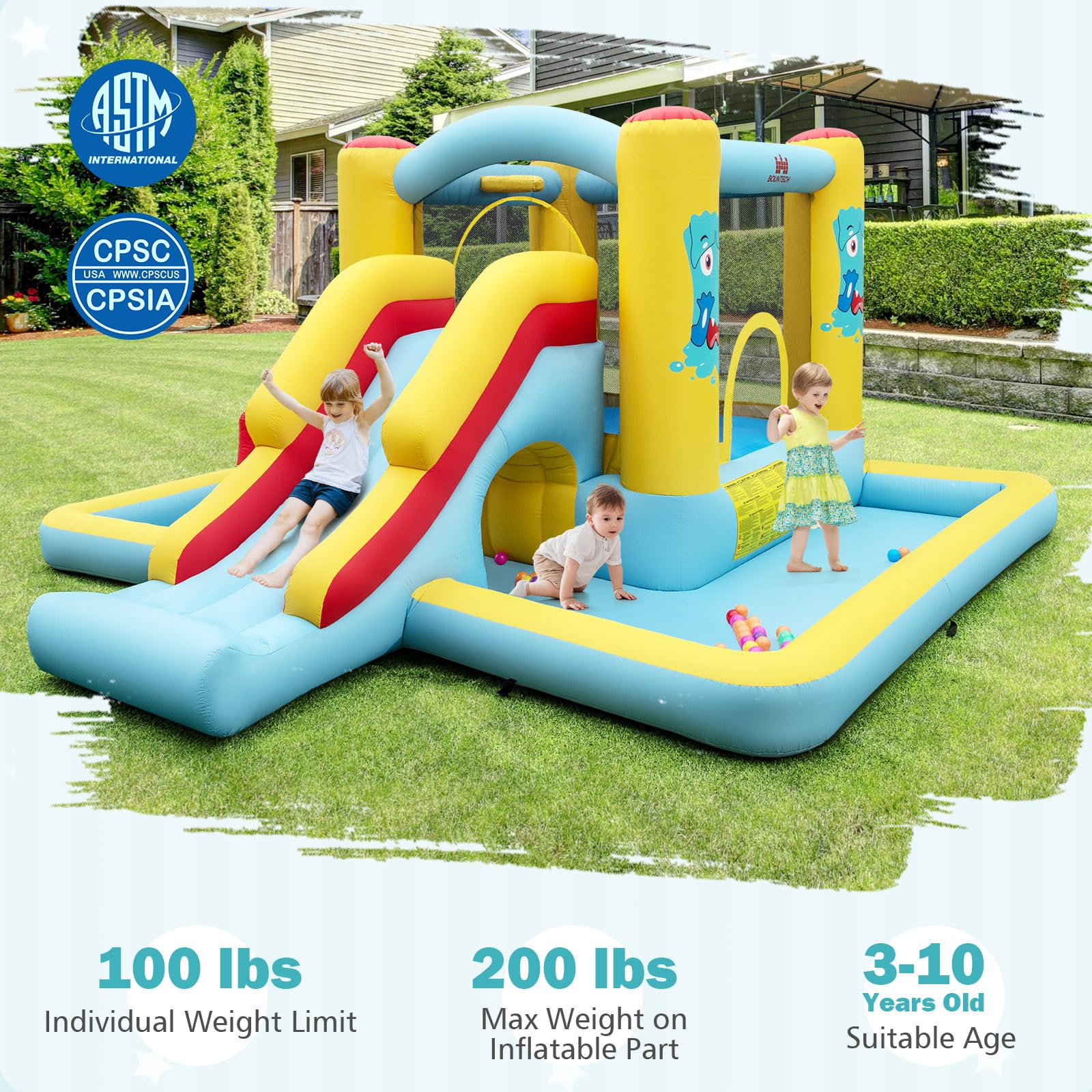 BOUNTECH Inflatable Bounce House with Ball Pit, Long Slide & Tunnel Bouncy House for Kids