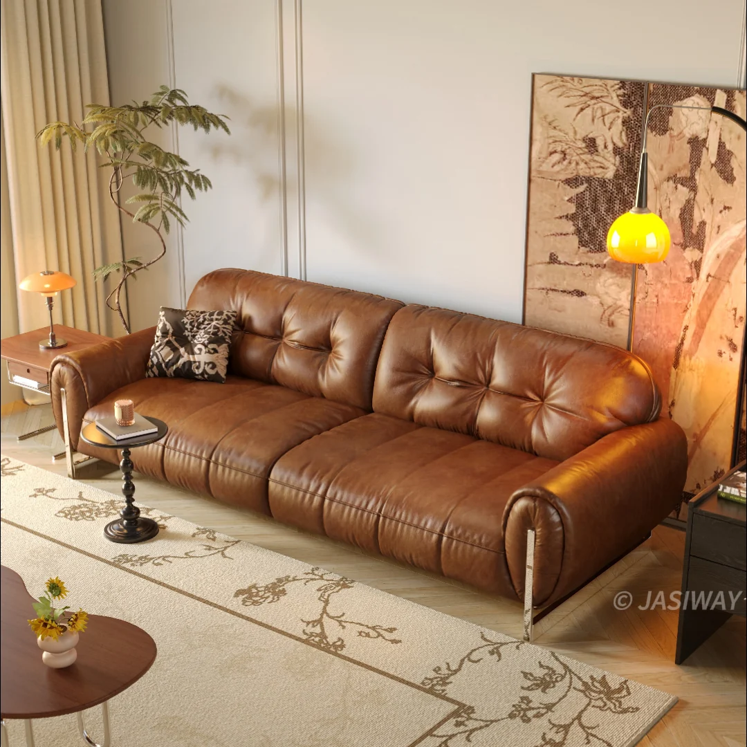 JASIWAY mediados siglo Moderno Café piel sofá sofá| Vintage capitonado 3-plazas profundo asiento sofá con enrollado brazos & metal patas para Sala