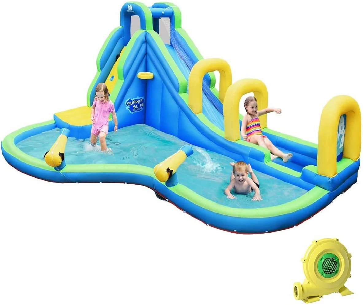 BOUNTECH Inflatable Water Slide, 16x12FT Mega Waterslide Park for Kids Backyard w/Adventure Long Slide, Splash Pool