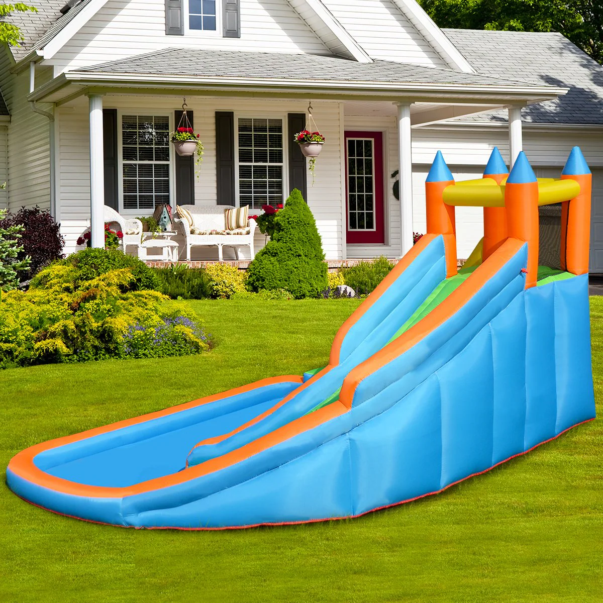 Costzon Inflatable Water Slide, Giant Bouncy Waterslide Park for Kids Backyard Outdoor Fun with Climbing Wall