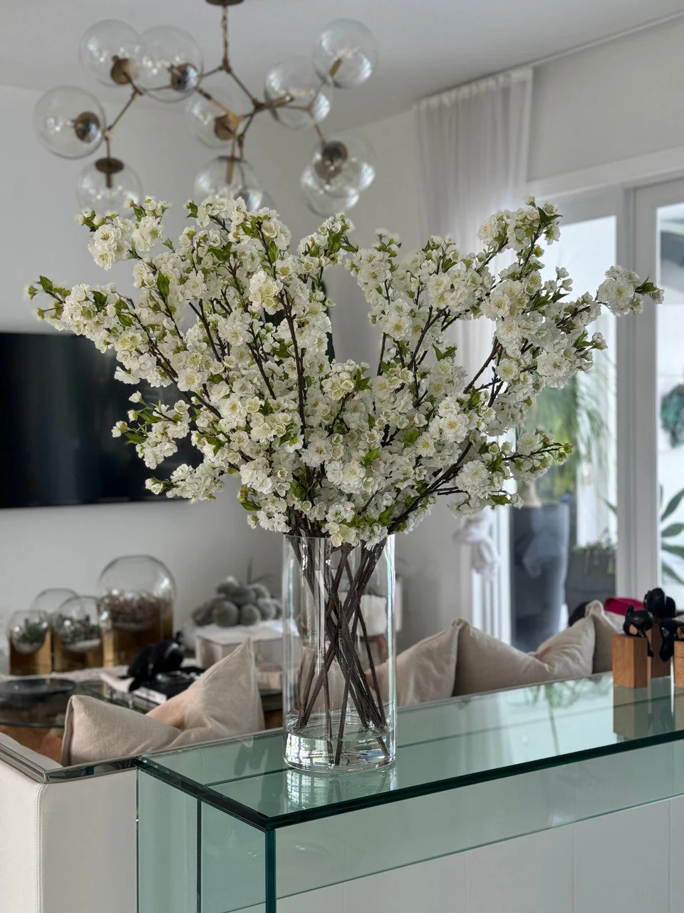 White Cherry Blossoms In 16″ Glass Cylinder