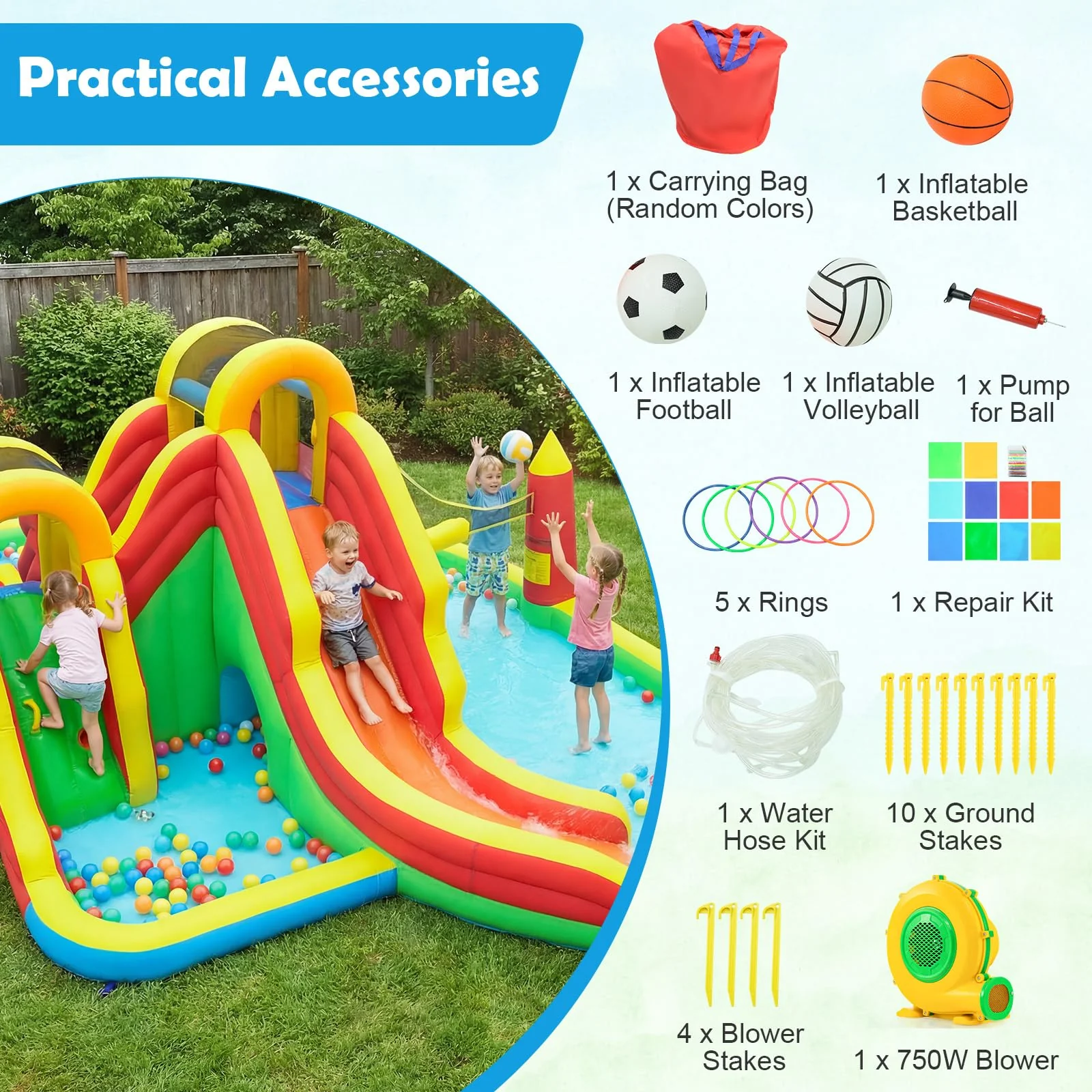 BOUNTECH Inflatable Water Slide Park | 12 in 1 Kids Mega Water Bounce House with Large Deep Pool
