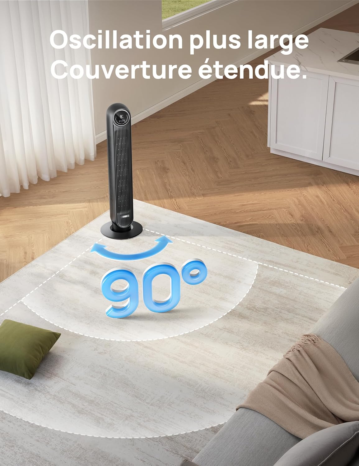 DREO Ventilateur tour intelligent avec fonction WiFi, ventilateur silencieux avec contrôle vocal et télécommande, oscillation à 90°