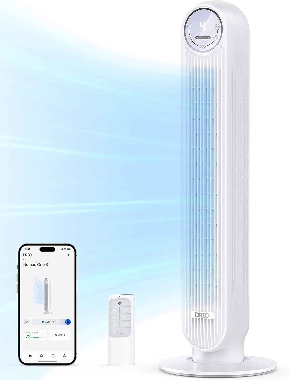 DREO Ventilateur tour intelligent avec fonction WiFi, ventilateur silencieux avec contrôle vocal et télécommande, oscillation à 90°