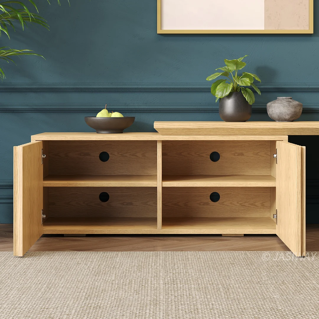 NÓVORA CASA Extensible mediados siglo Moderno Mueble para TV con acanalado puertas & Ajustable repisas| expandible madera multimedia consola para Sala