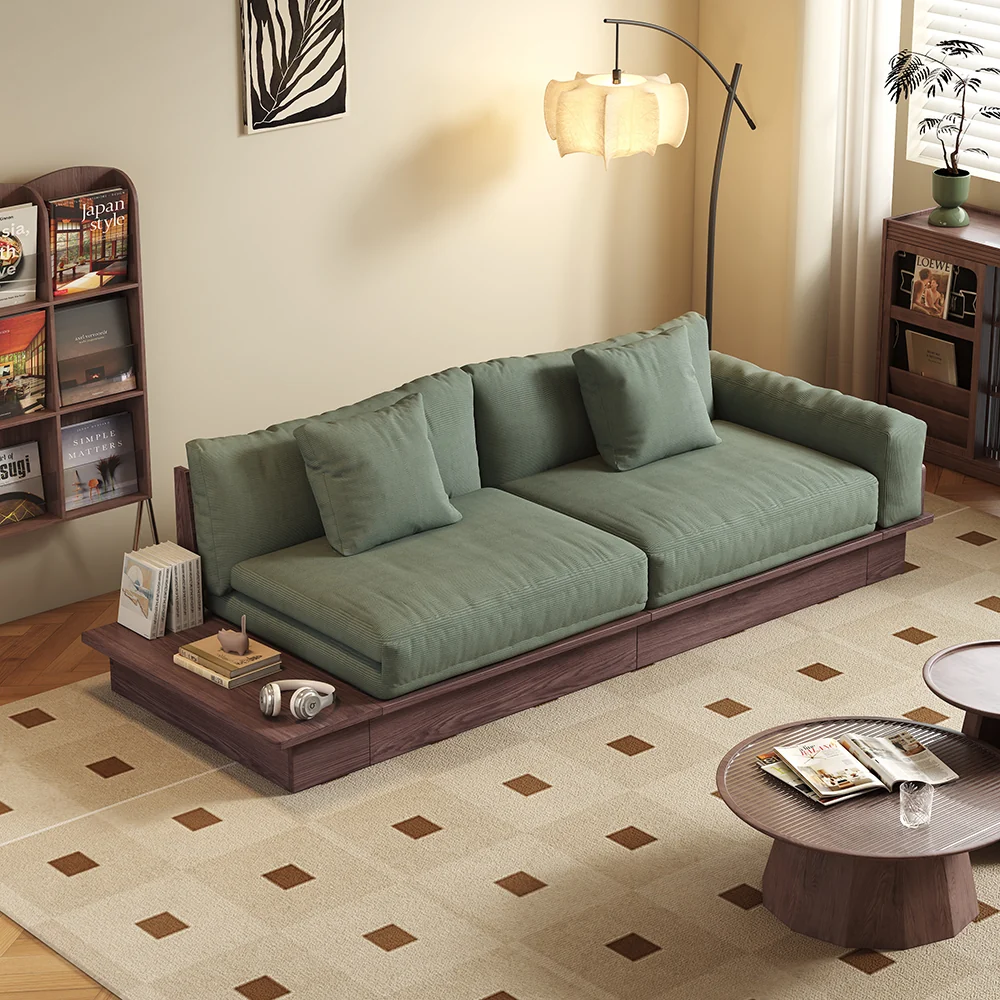 NÓVORA CASA piso plataforma madera estructura Sofá cama– de doble cara reposabrazos, pana o lino mezcla tapizado