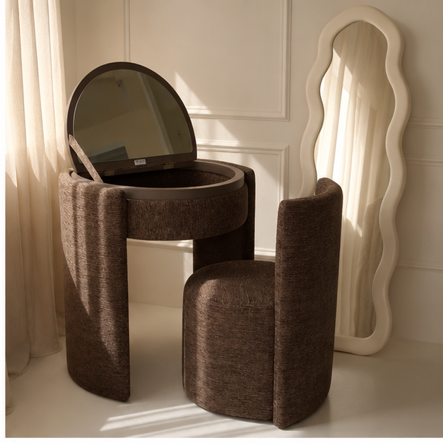 LunaNest™ | Tocador compacto tapizado con espejo y silla