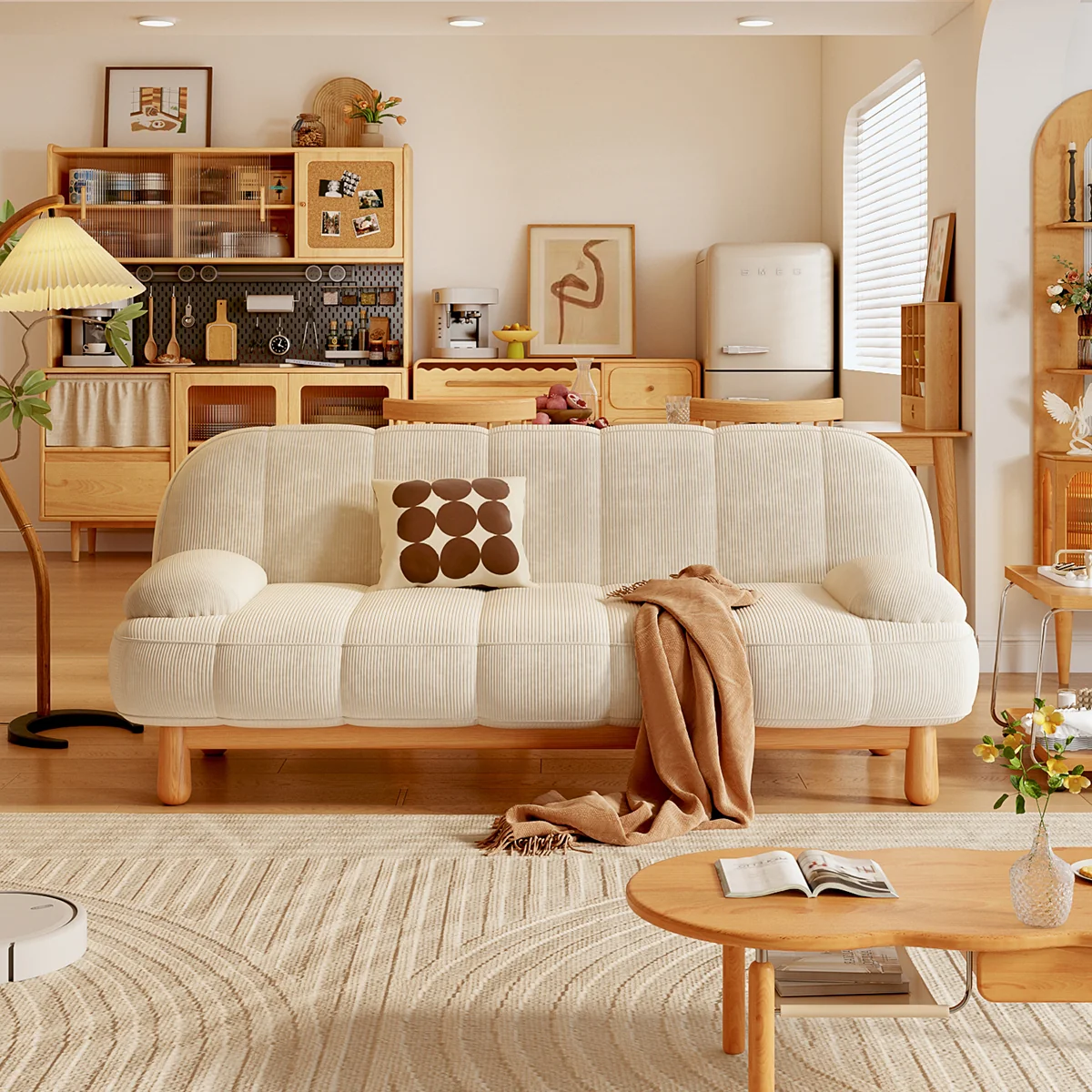 NÓVORA CASA Japandi sofá de dos plazas plegable Sofá cama en Crema Blanco & Verde pana tela