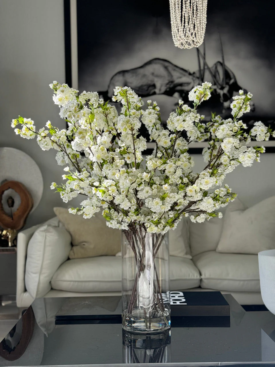 White Cherry Blossoms In 16″ Glass Cylinder