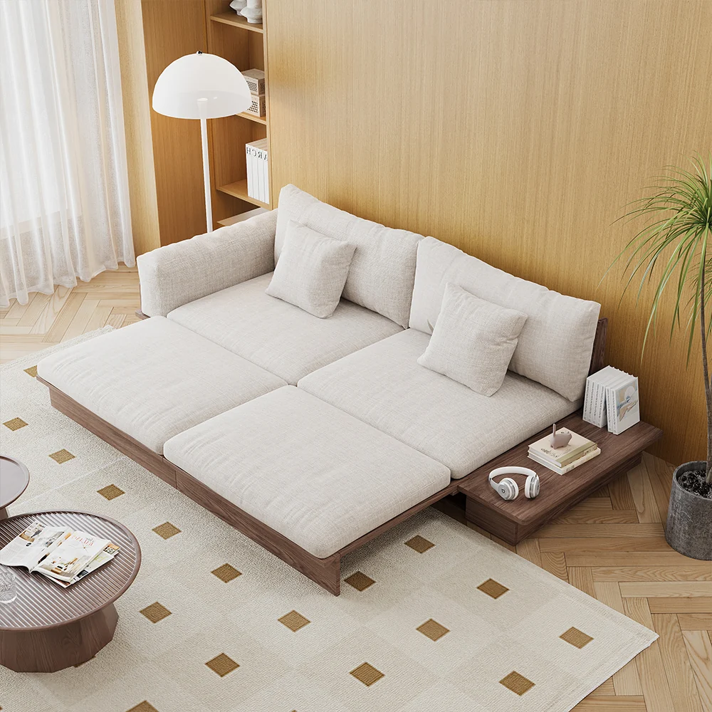 NÓVORA CASA piso plataforma madera estructura Sofá cama– de doble cara reposabrazos, pana o lino mezcla tapizado