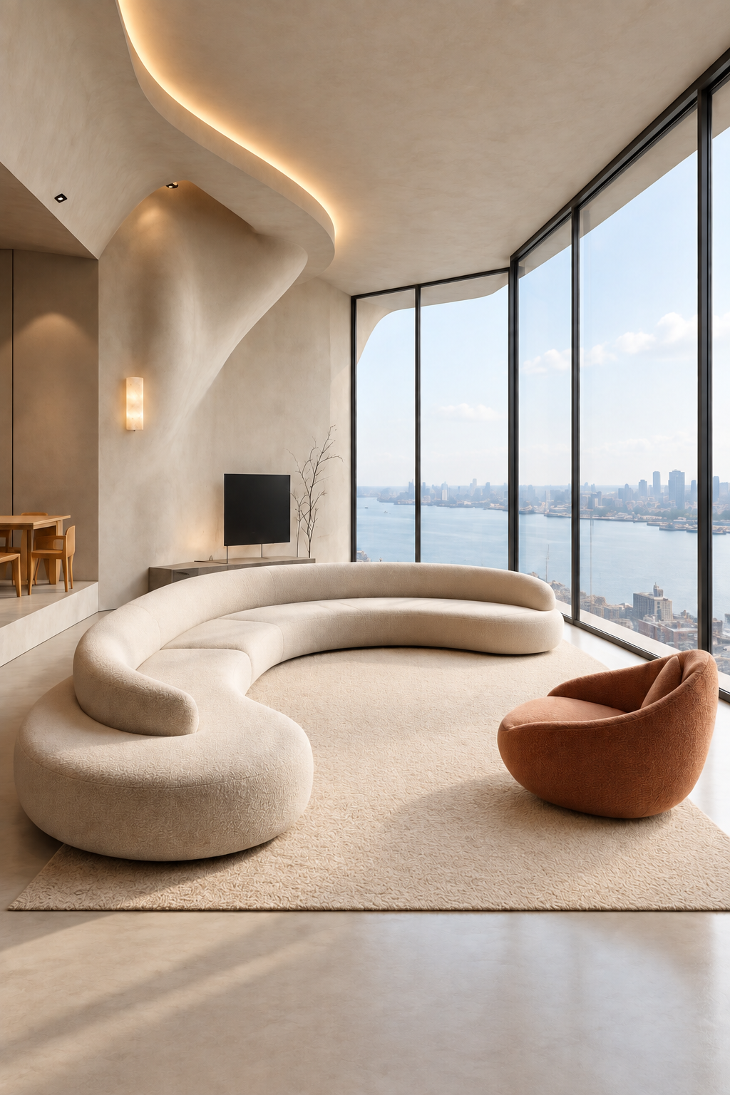 CurvaCasa · 1 sofá curvo + 1 sillón · Marfil cálido · visualización IA
