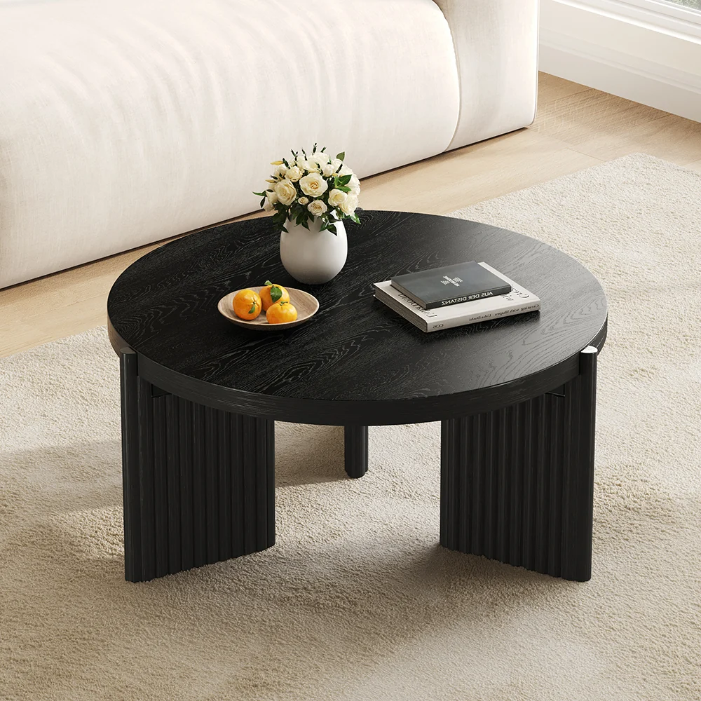 NÓVORA CASA Negro Redondo acanalado Mesa de centro| Moderno MDF decorativo mesa