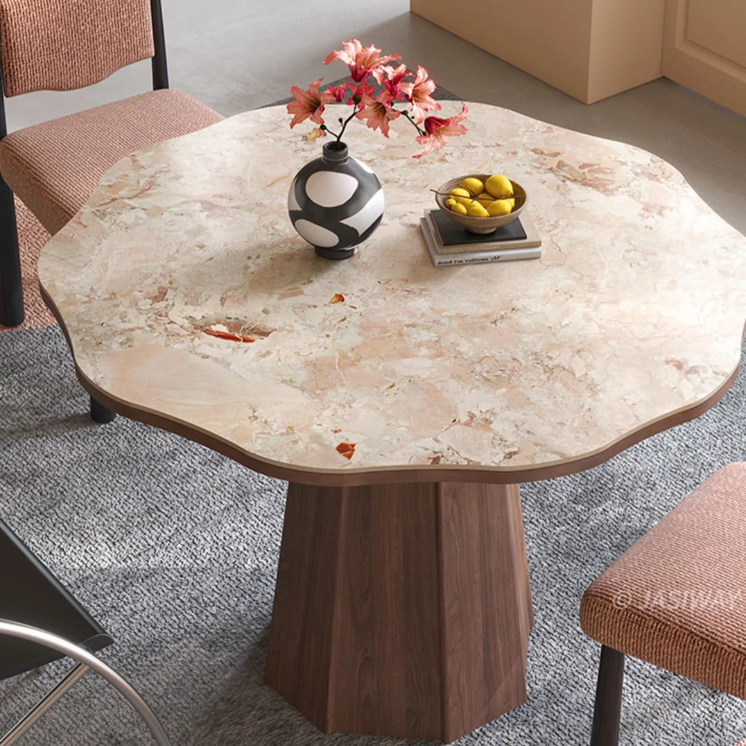 NÓVORA CASA ondulado borde Redondo Mesa de comedor con escultórico pedestal soporte| Moderno Mesa de comedor con Piedra sinterizada superior