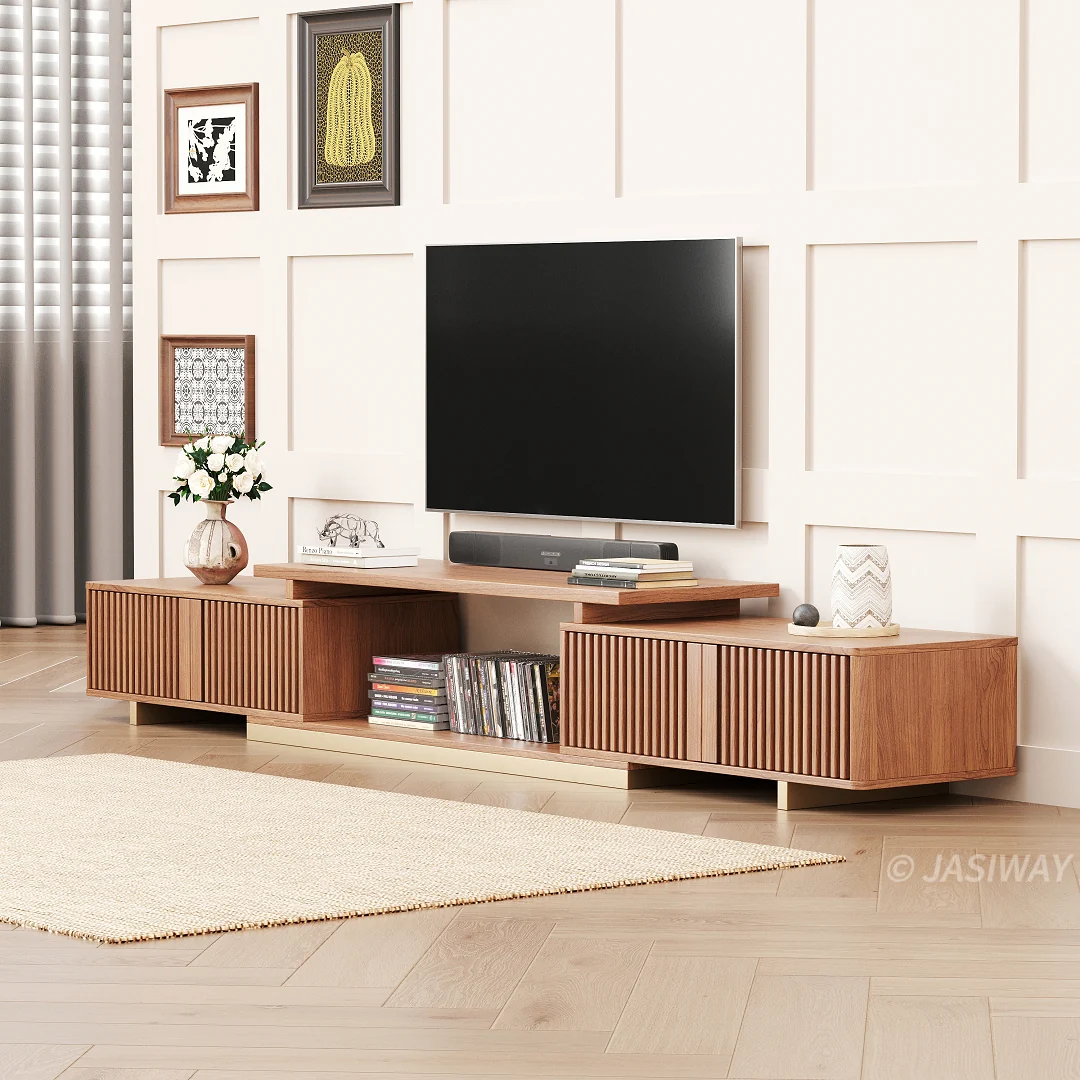 NÓVORA CASA Extensible acanalado madera Mueble para TV con 2 gabinetes & Almacenamiento| Ajustable Moderno multimedia consola para TVs superior a 85