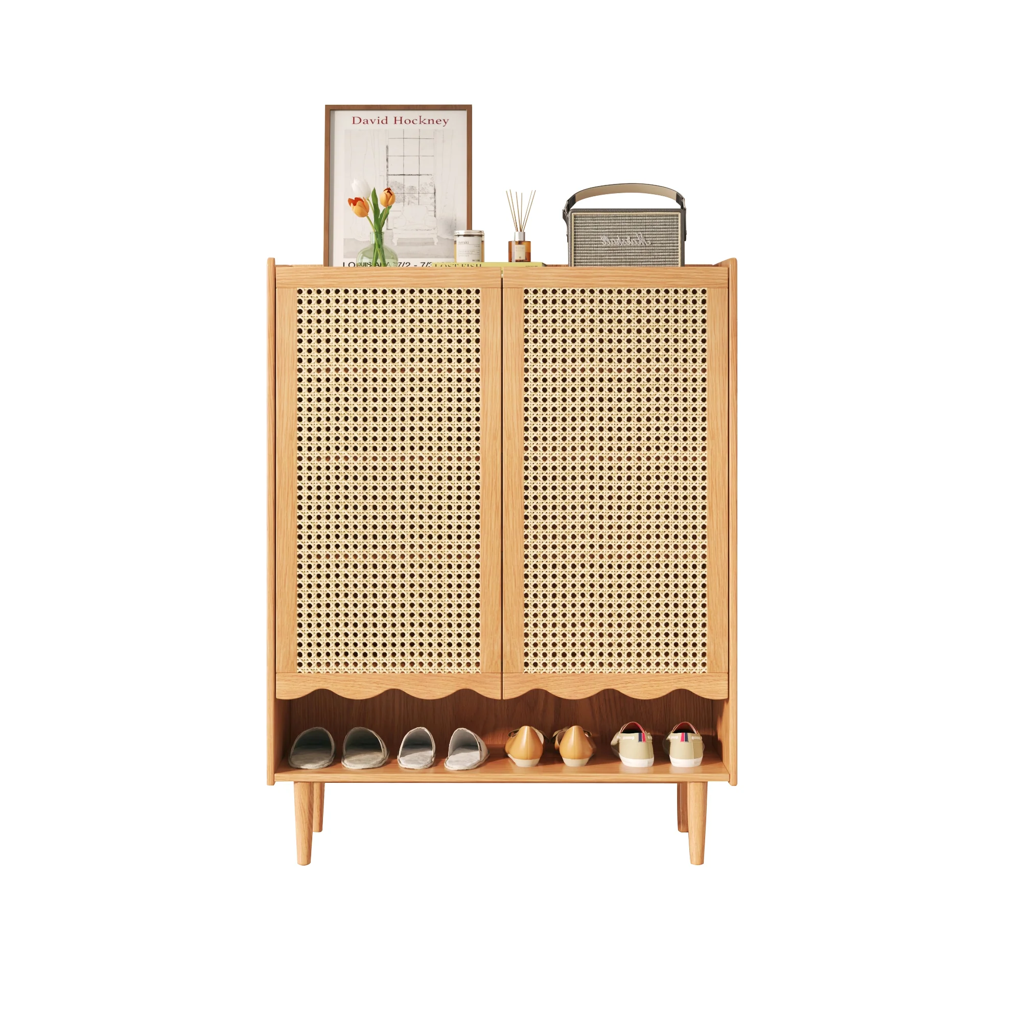 NÓVORA CASA exquisito de madera Zapatera con tejido ratán puertas