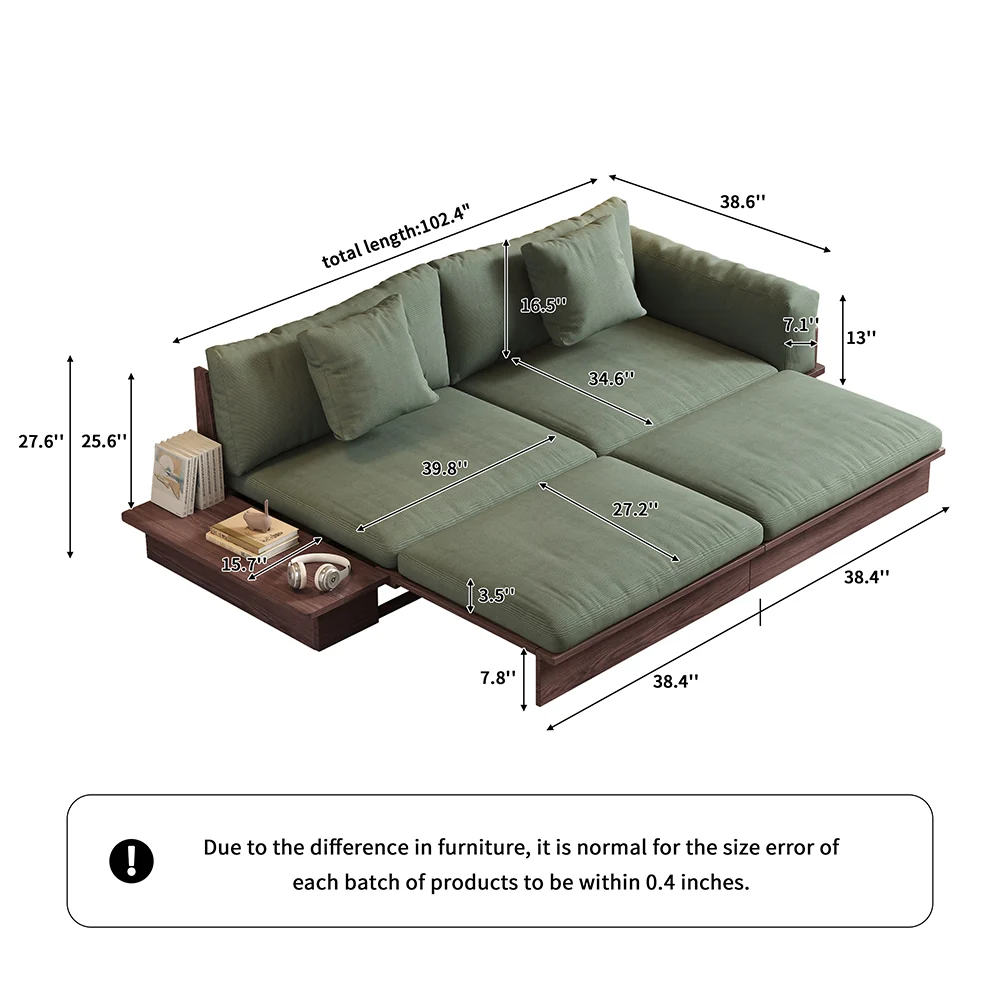 NÓVORA CASA piso plataforma madera estructura Sofá cama– de doble cara reposabrazos, pana o lino mezcla tapizado