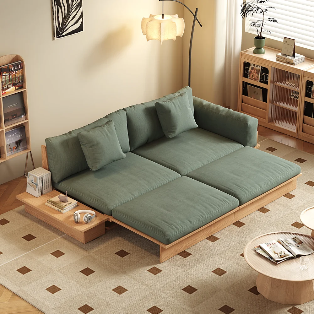 NÓVORA CASA piso plataforma madera estructura Sofá cama– de doble cara reposabrazos, pana o lino mezcla tapizado