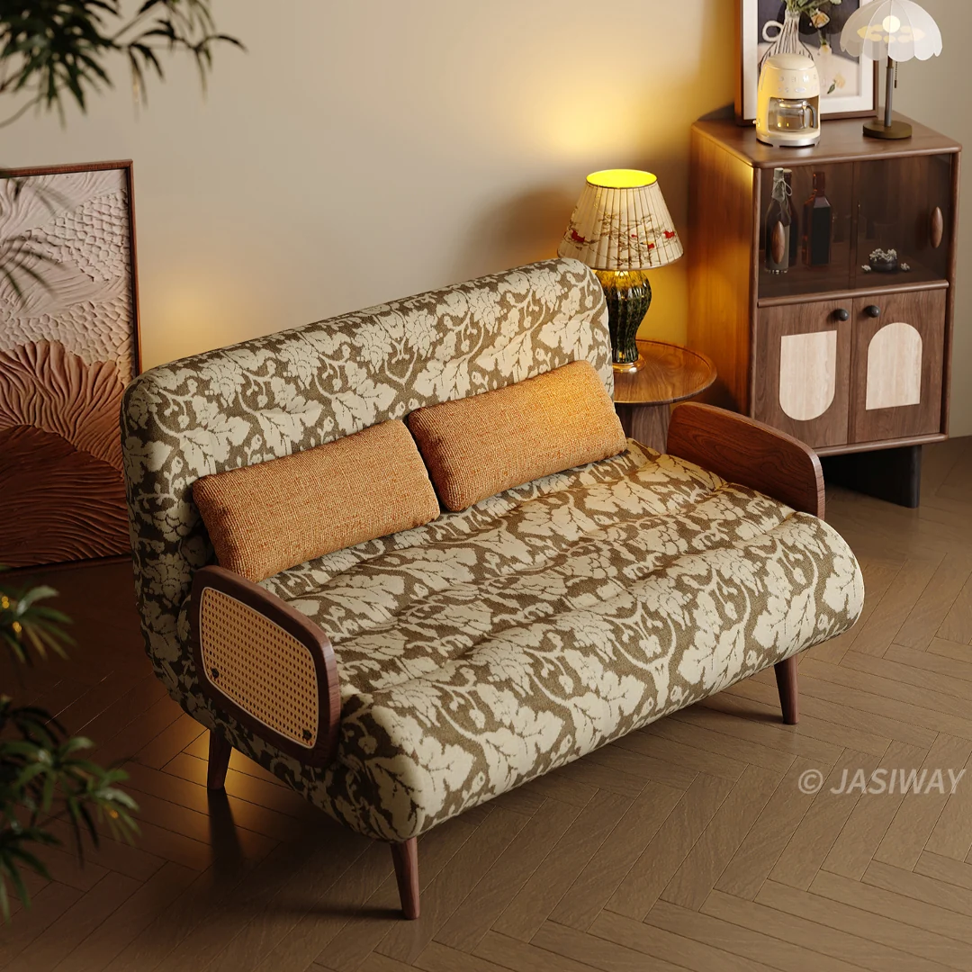 NÓVORA CASA mediados siglo ratán brazo cama sillón| transformable sillón cama con Madera maciza & ratán tejido reposabrazos, 3-en-1 descanso diván para pequeño espacios
