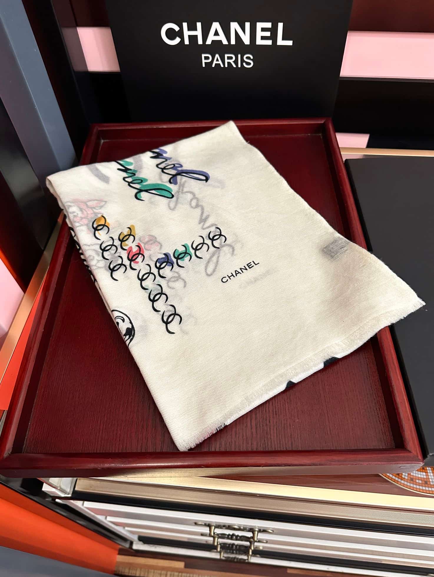 Chanel Silk scarf featuring  Camelia logo and Cambon print