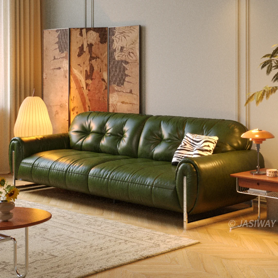 JASIWAY mediados siglo Moderno Café piel sofá sofá| Vintage capitonado 3-plazas profundo asiento sofá con enrollado brazos & metal patas para Sala