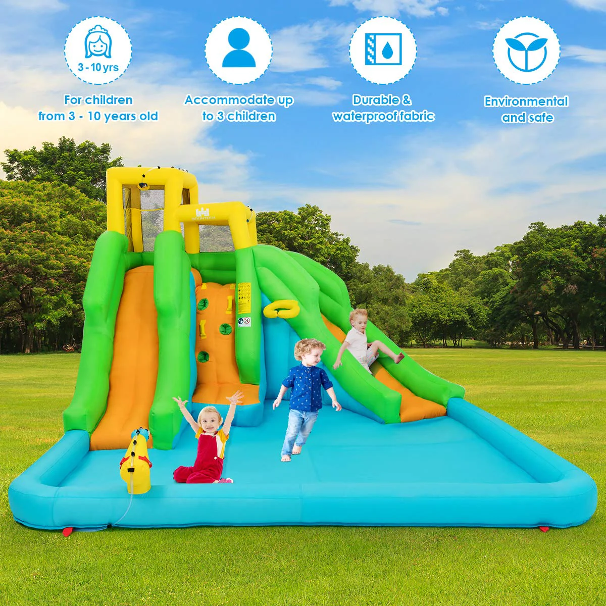 BOUNTECH Inflatable Water Slide, 6 in 1 Kids Waterslide Park for Outdoor w/Blower, Dual Slides for Racing Fun