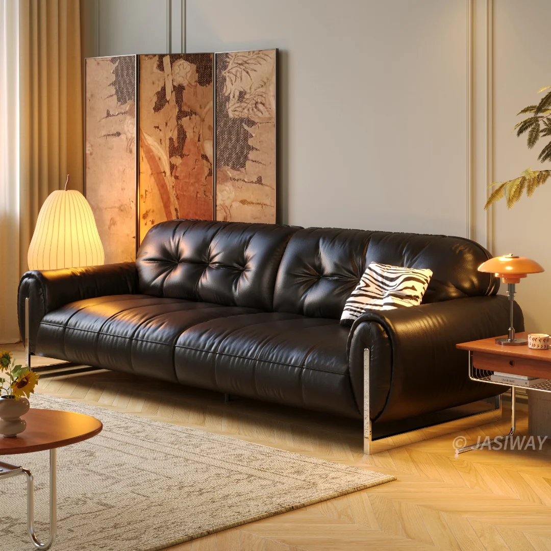JASIWAY mediados siglo Moderno Café piel sofá sofá| Vintage capitonado 3-plazas profundo asiento sofá con enrollado brazos & metal patas para Sala