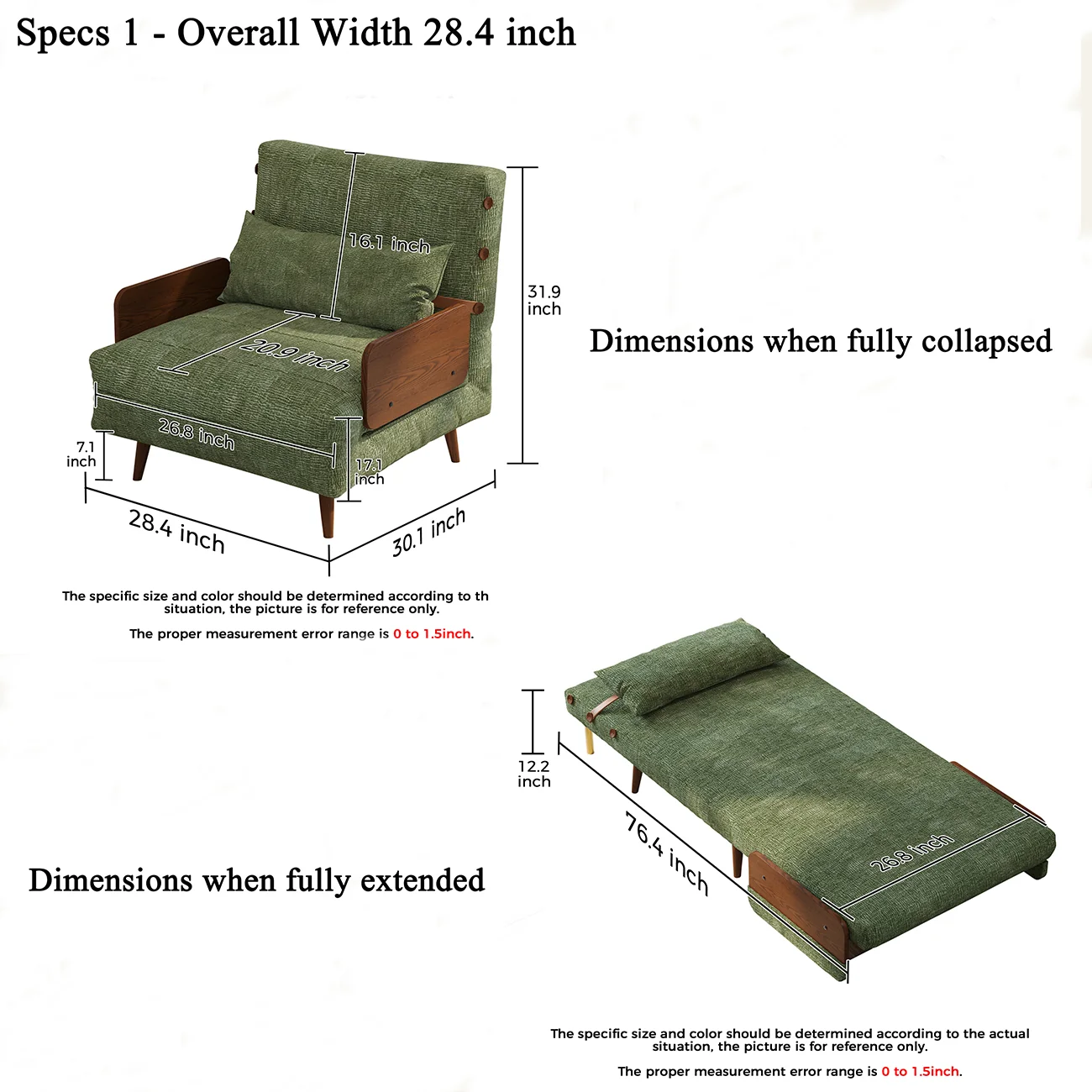 NÓVORA CASA mediados siglo Moderno Verde Sofá cama transformable para pequeño espacios| individual cama sofá con madera brazos