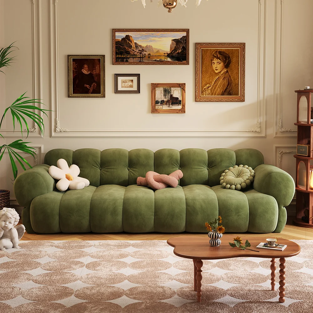 NÓVORA CASA modulable burbuja sofá en Chenilla & terciopelo| mediados siglo Moderno nube sofá- retro malvavisco sofá en musgo Verde, bosque, ámbar & almendra Crema