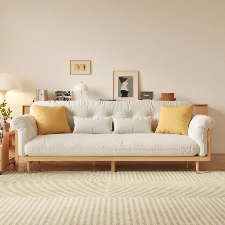 NÓVORA CASA Beige Tapizado sofá en Lino de algodón tela Madera maciza estructura