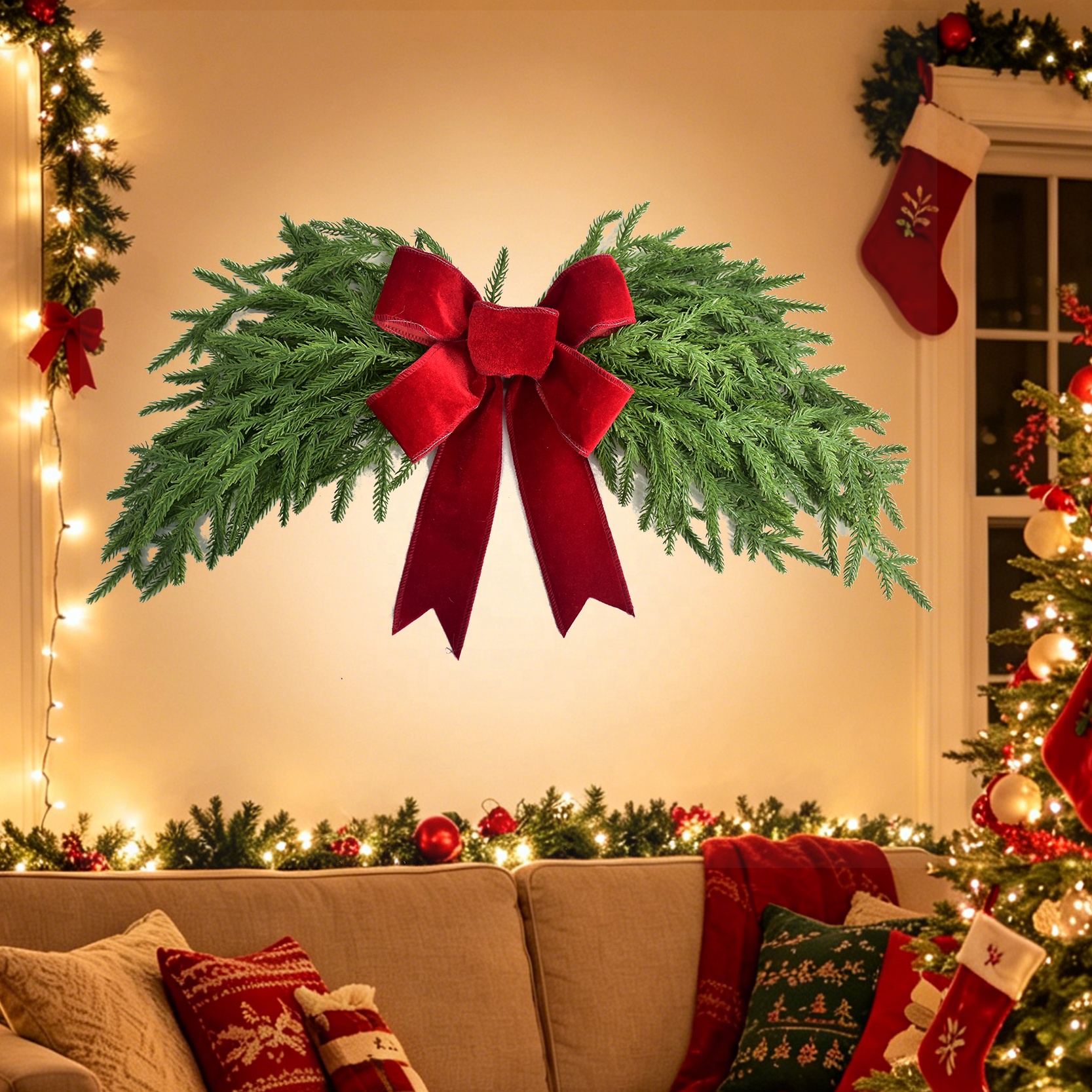 Christmas Door Swag Cedar Velvet Bow Decoration – 25.6 Inch
